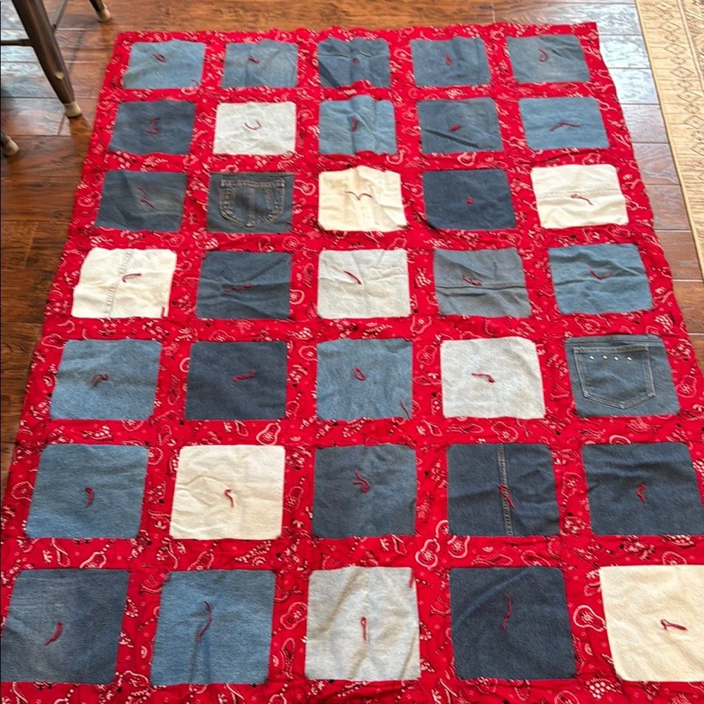 Vintage Patchwork Quilt with Red, Blue, and White Squares